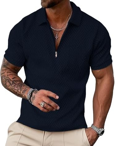 UOUA Men's Zipper Polo Shirts Summer Sweatshirts Soild Color Vintage Striped Geometric Texture Tops Short Sleeve Casual Golf 1/4 Zip T Navy Blue 3XL