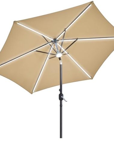 Yaheetech 9FT Solar Lighted Patio Umbrella Large Outdoor Umbrella with Strip Lights & Hub Light, LED Table Market Sunshade w/Crank & Tilt for Courtyard Deck Beach Pool, Tan
