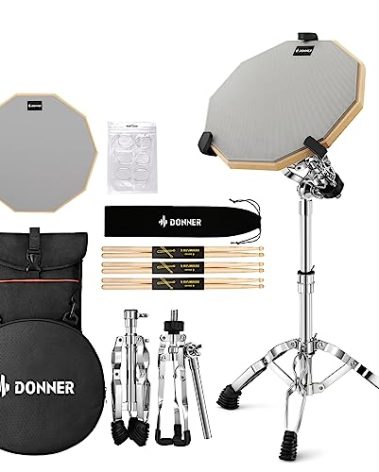 Donner Snare Drum Stand Set with Drum Practice Pad, 12'' Double-sided Silent Drum Pad set, Drumsticks, Backpack Adjustable Stand Fits 10''-14'' Dia Drums