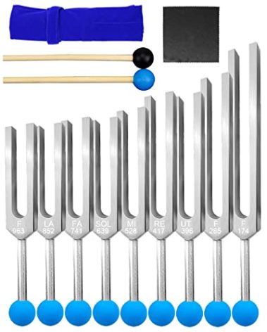 9 Pcs Solfeggio Tuning Fork Set for Healing, 174 Hz, 285 Hz, 396 Hz, 417 Hz, 528 Hz, 639 Hz Tuning Forks for DNA Healing Chakra Sound Therap for Buddhists Yoga Teacher Sound Healer