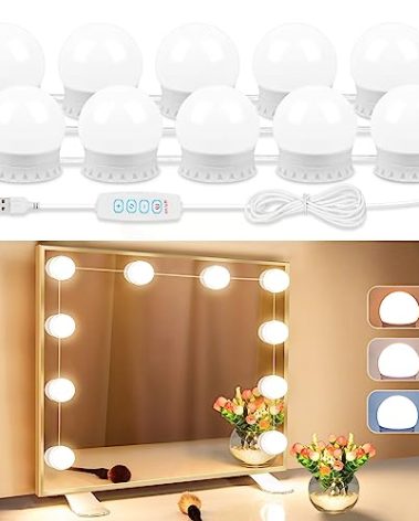 LED Vanity Lights for Mirror, Vanity Lights Stick on with 10 Dimmable Bulbs, 3000K 4000K 6500K & 10 Level Brightness Adjustable, USB Cable, Hollywood Mirror Lights for Makeup Dressing Room Bathroom