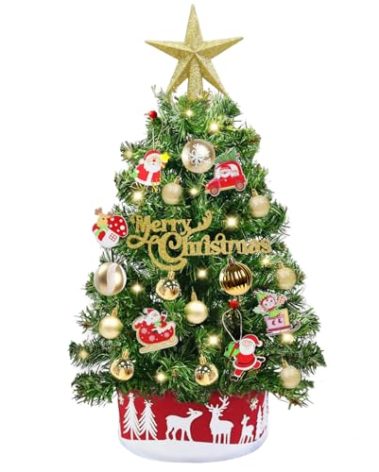 Grandeal 24" /2FT Mini Christmas Tree with Lights Timer 30 LEDs & 34 Ornaments, Small Tabletop Christmas Trees Artificial Christmas Decorations for Indoor Desk Room Office Home Decor Xmas