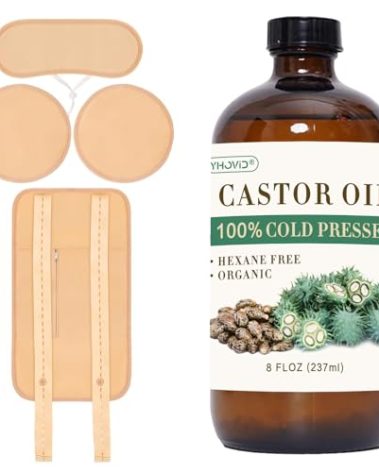 5 Pcs Castor Oil Pack Wrap, Castor Oil Organic Cold Pressed Unrefined Glass Bottle, Caster Oil Wrap for Stomach, Neck, Knee, Foot & Entire Body, Organic Cotton Reusable Pads Kit for Hot/Cold Compress