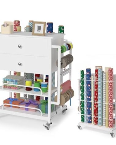 Anrigeail Christmas Wrapping Paper Storage & Organizer, Craft Cart with Ribbon & Gift Bag Storage, Wrapping Paper Organizer Holder(2 Wooden Drawers-White)
