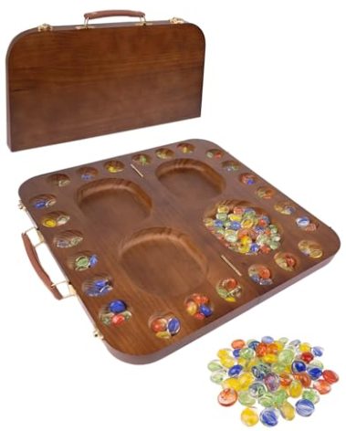 4 Player Wooden Mancala Board Game,4 Player Mancala Board Game Set, Great Glass Beads,Classic & Portable Marble Game for Family Game Night and Travel Game
