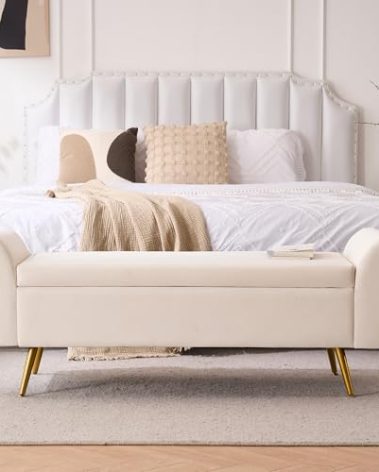 AIITTCC Storage Bench for Bedroom, 55" Extra Long Bench for King Size Bed, Modern Upholstered End of Bed Ottoman Bench with Arms for Entryway Living Room (Velvet, Ivory White)