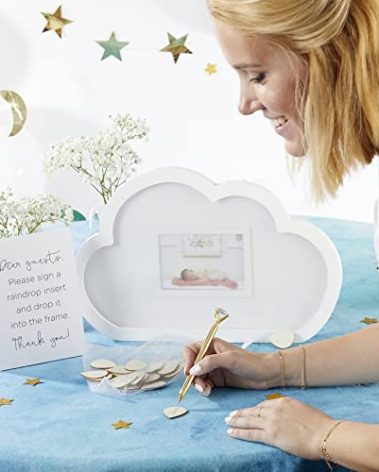 Kate Aspen Baby Shower Guest Book Cloud Frame with Wooden Rain Drops Guestbook Alternative, Nursery Decor, Baby Shower Decorations, Sonogram Picture Frame