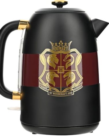 Warner Brothers Harry Potter 1.7L 1500W Electric Kettle by Select Brands - Features Water Window, Auto Shut Off, Boil Dry Protection, 360 Degree Rotating Base, Black and Gold, WBH-677KE