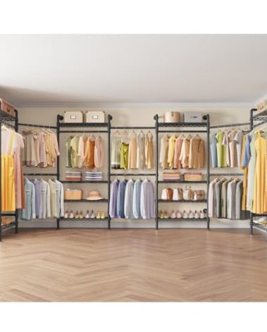 Timate U3 U Shape Garment Rack Heavy Duty Clothes Rack for Hanging Clothes, Expandable Industrial Pipe Clothing Rack Wall Mounted Closets L Shaped Wardrobe Closet System, Large Closet Kit, Black