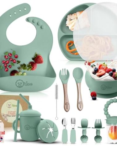 O'doe 17-Piece BPA-Free Silicone Baby Feeding Set | Thick & Soft Suction Plates, Baby Bowls, Wooden Fork & Spoon, and More | Make Mealtime Fun and Easy for Your Little One (Green, V2)