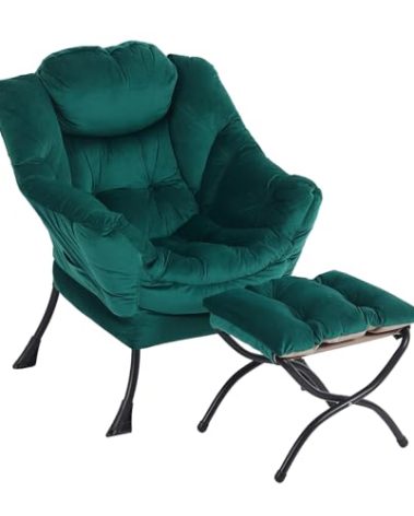Furlide Oversized Chair with Ottoman, Modern Chair with Folding Footrest, Lounge Accent Chair, Comfortable Reading Chair for Bedroom, Study, Living Room, Courtyard (Velvet Dark Green