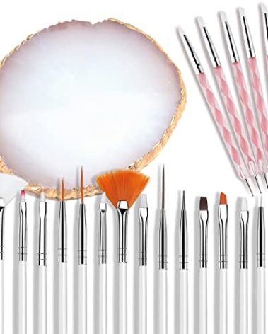 AUOCATTAIL Nail Art Design Tools - 15pcs Painting Brushes Set with 5pcs 2-way Dotting Pens & Gold-rimmed Resin Palette, White
