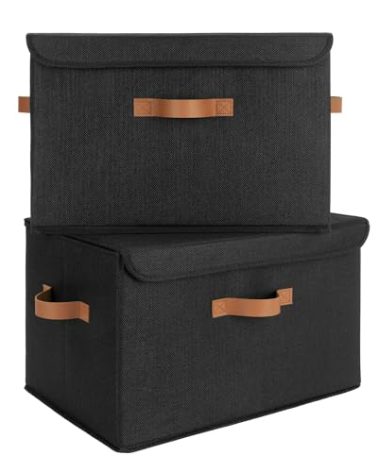 GRANNY SAYS Black Storage Bins with Lids, Decorative Storage Boxes with PU Handles, Linen Closet Organizer, Storage Baskets for Shelves, Fabric Storage Bins for Clothes, Extra Large