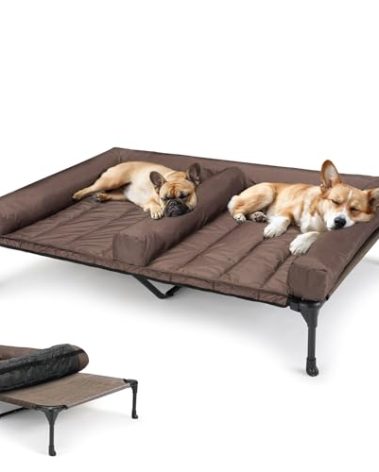 Veehoo Cooling Raised Dog Beds + Removable Double Dog Bed Cushion for Two Medium Dogs, Elevated Pet Cot with Waterproof Bolster Mat, Breathable Mesh, No-Slip Feet, Pets Couch Bed, Brown CWC2331D