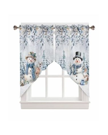 Christmas Snowman Reindeer Swag Valances for Windows Rod Pocket Kitchen Window Curtains Over Sink, Xmas Tree Winter Kitchen Curtains Sets, Swag Curtains Valance for Living Room, 28"x36" Set of 2