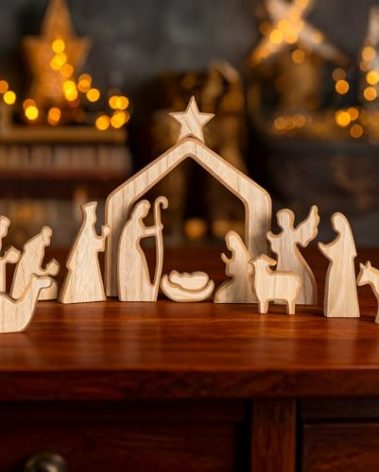 NEROSUN Nativity Scene Set, 13Pcs Wooden Christmas Nativity Scene Miniature Holy Family Figurines, Minimalism Boho Tabletop Christmas Manger Decorations for Indoor Home Mantel Display