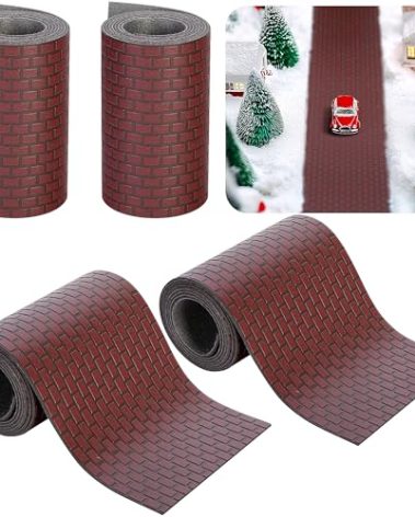 Iceyyyy 4 Pcs Christmas Village Reddish Brown Brick Road-39 x 3.5 Inch Cuttable Christmas Village Landscape Road-Miniature Xmas Village Accessories for Home Garden Street Landscape Decorations