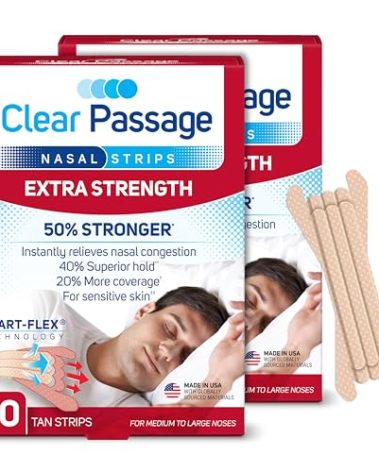 Clear Passage Nasal Strips Extra Strength, Tan, 100 Count | Works Instantly to Improve Sleep, Reduce Snoring, & Relieve Nasal Congestion Due to Colds & Allergies