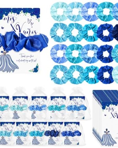 Thiccywoov 50 Sets Blue Quinceanera Party Favors for Guests Quinceanera Gifts bulk Include 50 Scrunchies 50 Thank You Card 50 Organza Bags for 15 Years Old Sweet 15 Years Birthday