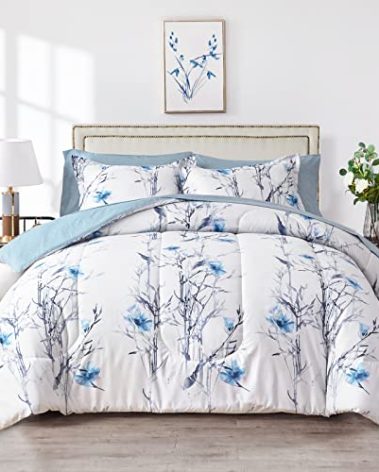 6 Piece Bed in a Bag Twin Comforter Set with Sheets, Blue Flower Branch on White Botanical Bedding Sets for Kids (1 Comforter, 2 Pillow Shams, 1 Flat Sheet, 1 Fitted Sheet, 1 Pillowcases)