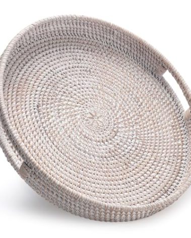 13.8 inch Round Rattan Tray, Decorative Coffee Table Tray, Ottoman Tray, Woven Serving Tray with Handles, Wicker Serving Basket, Whitewash