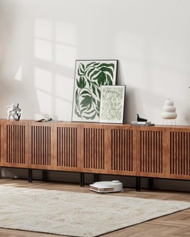 BVIUNTWO Storage Cabinet,126" Farmhouse Buffet Cabinet with Metal Base and Adjustable Shelves,Sideboard Coffee Bar with 8 Doors for Kitchen,Dining Room,Living Room,Brown