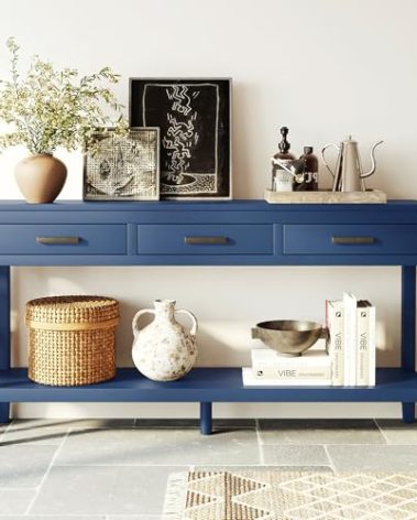 Merax Entryway Console Table, with 3 Storage Drawers, Bottom Shelf Design/Wood Frame/Behind Couch & Sofa, Blue