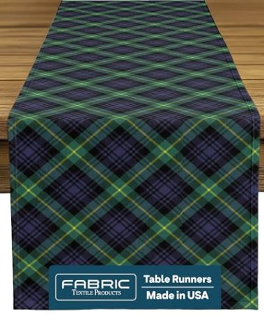 Fabric Textile Products | Blue & Green Tartan Tablerunner | Plaid Table Decor | 12" x 72" | Machine Washable and Stain-Resistant for Easy Care | Made in The USA