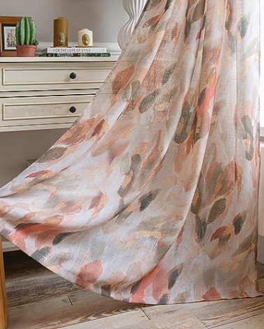 MEETSKY Floral Curtains for Living Room - Linen Fall Curtain 84 inches Long Light Filtering Privacy Protect Drapes Modern Patterned Farmhouse Window Treatment, 52" Wide, Coral and Orange, 2 Panels