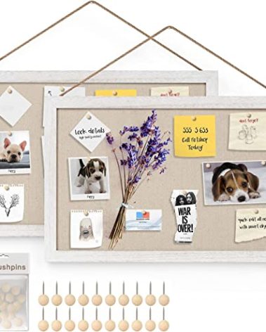 Miratino 2-Pack Cork Board with Linen 16x11 inch Bulletin Board Office Decor Hanging Pin Wood Framed Display Picture Vision Board Light for Wall School Office Bedroom 20-Pushpin Vintage White