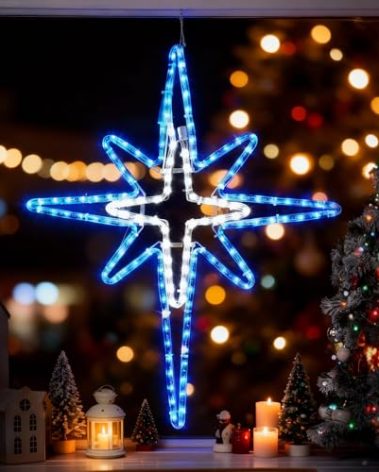 Wettal 28" Christmas Star of Bethlehem LED Star Hanging Lights Nativity Holy Family Light for Door Window Porch Wall Decoration Plug Operated Lighted Hanging Tree Topper(Blue, White)