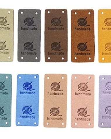 50 Pcs Faux Leather Label Handmade Tag Label Folding Handmade Tags Button with Holes Embossed Tag Embellishment Knit DIY for Jeans Bags Shoes Hat Crafts, Knitting and Crocheting(Yarnball, 10 Colors)
