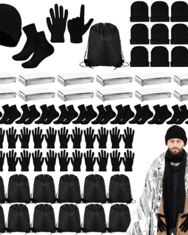 Halfchet 60 Pcs Homeless Care Package Supplies Winter Beanie Gloves Sock Drawstring Bags Emergency Blankets for Men Women(Black)