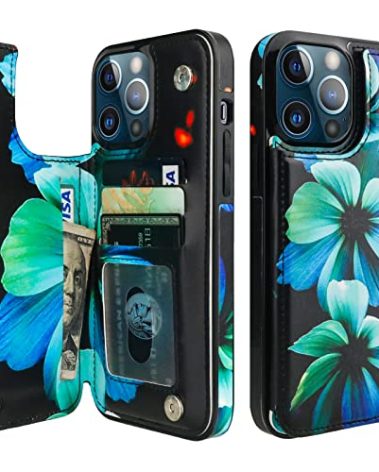 HAOPINSH for iPhone 13 Pro Max Wallet Case with Card Holder, Blue Floral Flower Pattern Back Flip PU Leather Kickstand Card Slots Case for Girls Women, Double Magnetic Clasp Shockproof Cover 6.7"