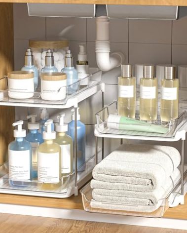 Delamu 2-Tier Multi-Purpose Bathroom Under Sink Organizers and Storage, Stackable Kitchen Pantry Organization, Pull Out Medicine Cabinet Organizer with Movable Dividers, White, 2 Pack