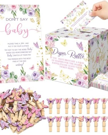 Dispowreath 102 Pcs Butterfly Baby Shower Game Supplies Diaper Raffle Tickets with Diaper Raffle Card Box Don't Say Baby Sign Mini Butterfly Clothespin Game Decor for Gender Reveal Favor