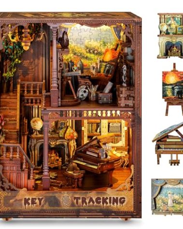 FUNPOLA 3D Wooden Puzzle Book Nook Kit with LED Light, DIY Miniature Bookshelf Insert Décor for Display, Unique Craft Gift for Adults and Teens (Key Tracking)