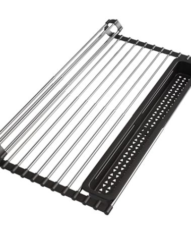 JASIWAY Roll Up Dish Drying Rack, Expandable (12.8"-23.8" D x 12.8" W) Stainless Steel Portable Over The Sink Dish Drainer for Kitchen Sink Counter, Foldable Sink Cover with Removable Utensil Holder