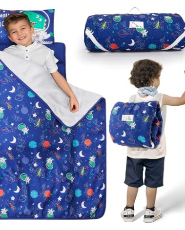 Safotad Toddler Nap Mat with Pillow and Blanket, Soft Sleeping Bag for Kids Boys and Girls, Slumber Bags Kids for Preschool, Daycare, Travel, Camping, 54" x 33" Great for Ages 3 Plus (Blue)