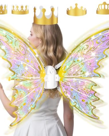 maysida Gold Fairy Wings for Kids and Girls, Light-up Electric Sparkling Wings Princess Halloween Set with Wand, Crown, Butterfly Wings – Ideal for Cosplay, Party, Birthday, Christmas