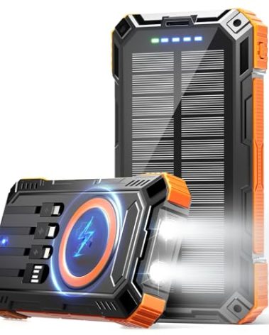 Solar Power Bank 49800mAh Wireless Portable Charger with USB-C 15W Fast Charging with 4 Built-in Cables LED Flashlight Battery Pack Compatible with iPhone, iPad, Smartphone,Perfect for Camping, Hiking