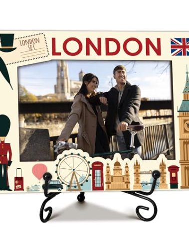 Ogleqoo London Travel Picture Frame, 5 x 8 London Themed Wooden Photo Frame with Stand, London Vacation Gifts, London Souvenirs Honeymoon Gifts For Friends Couples, Home Office Desk Decorations-A12