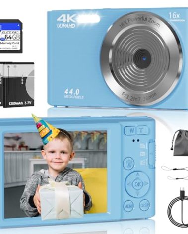 Digital Camera, FHD 4K Digital Camera with 64GB SD Card, 44MP Digital Point and Shoot Camera, 16X Digital Zoom, Anti Shake, 3-LED Fill Lights, Compact Camera for Kids Teen Boys Girls, Blue