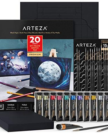ARTEZA Metallic Gouache Paint Set with Black Canvas Paper, Includes 12 Gouache Colors, Foldable Canvas, DIY Art Kit for Artists & Beginners