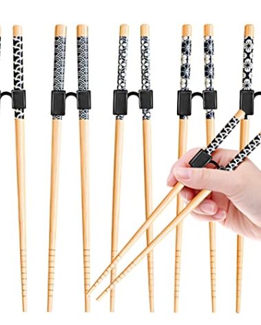 LYART 5 Pairs Reusable Training Chopsticks Beginners for Kids Adults Learners, Japanese Wooden Chopsticks Trainers Set, Dishwasher Safe, L8.86Inch (1.Japanese stamp)