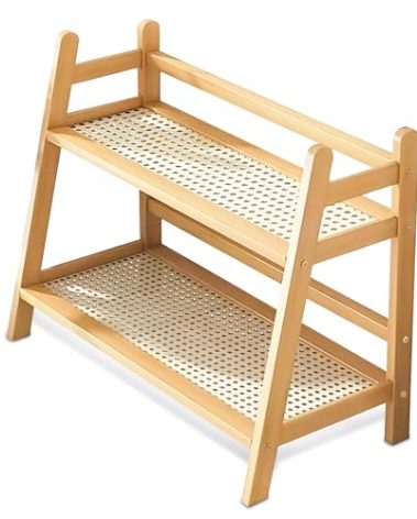 Wicker Look Coffee Station Organizer, 2 Tier Bamboo Mug Holder Countertop Organizer, Kitchen Home Counter Shelf for Tea Coffee Bar Accessories, Matcha Stand, Cup Display, Condiment Storage Rack