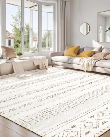 Large Living Room Area Rug 8x10: Soft Machine Washable Boho Moroccan Farmhouse Rugs for Bedroom Under Dining Table - Non Slip Neutral Morden Indoor Floor Carpet for Home Office Decor - Brown/Cream