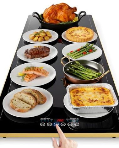 Electric Warming Trays for Buffets Party (XXL 40"x 14"): Warming Mat for Food Extra Large with Touchscreen, 9 Temp Modes, 24H Timer, Full Surface Heating, Tempered Glass Food Warmers, Gold Edge