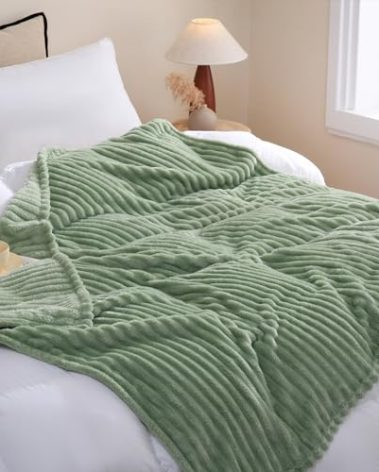 Linecooo Sage Green Fleece Throw Blanket 108”×90” for Couch Sofa Bed,Super Soft Cozy Plush Microfiber Flannel Blanket with Stripes Design Lightweight for Adults,Woman,Girls