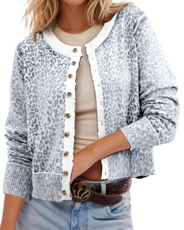 Ziesexy Leopard Cardigan Open Front Button Up Sweaters for Women Long Sleeve Shrug Cheetah Print Top Cropped Cardigan Jackets